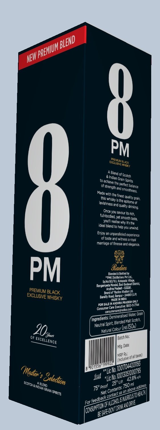 8PM Black whisky carton 3D render