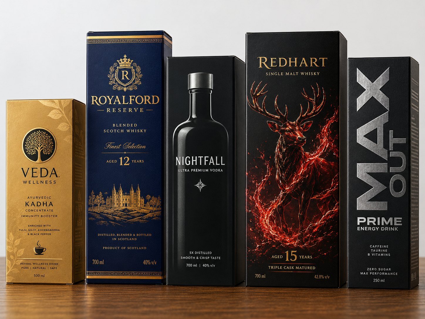 AI-assisted premium packaging concepts — whisky, vodka, wellness and energy drink