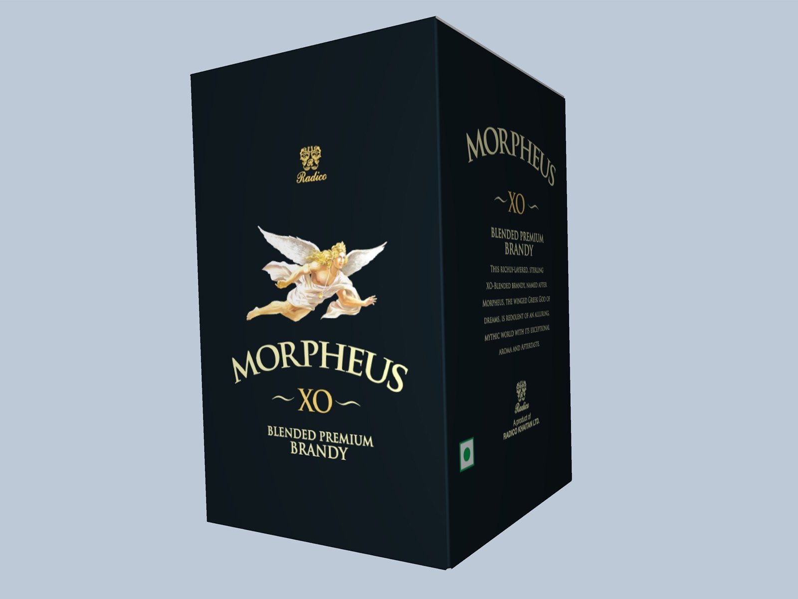 Morpheus XO brandy carton — photorealistic 3D render
