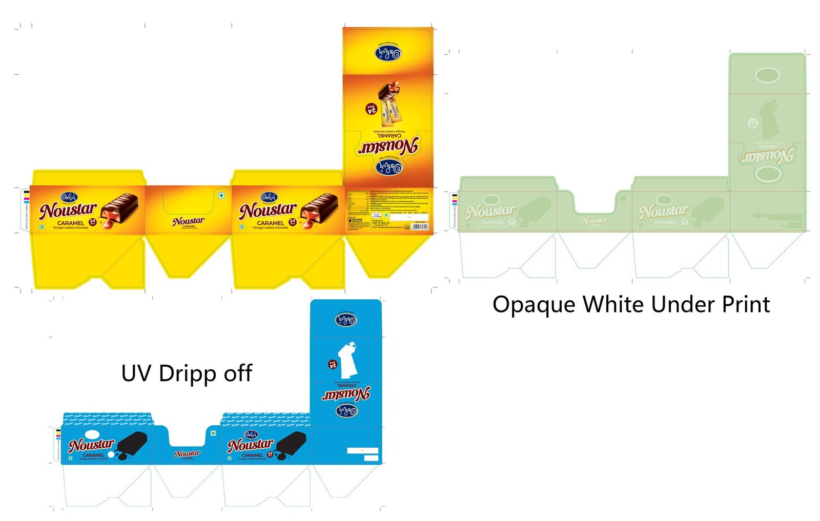 Noustar carton with white underprint and drip-off UV