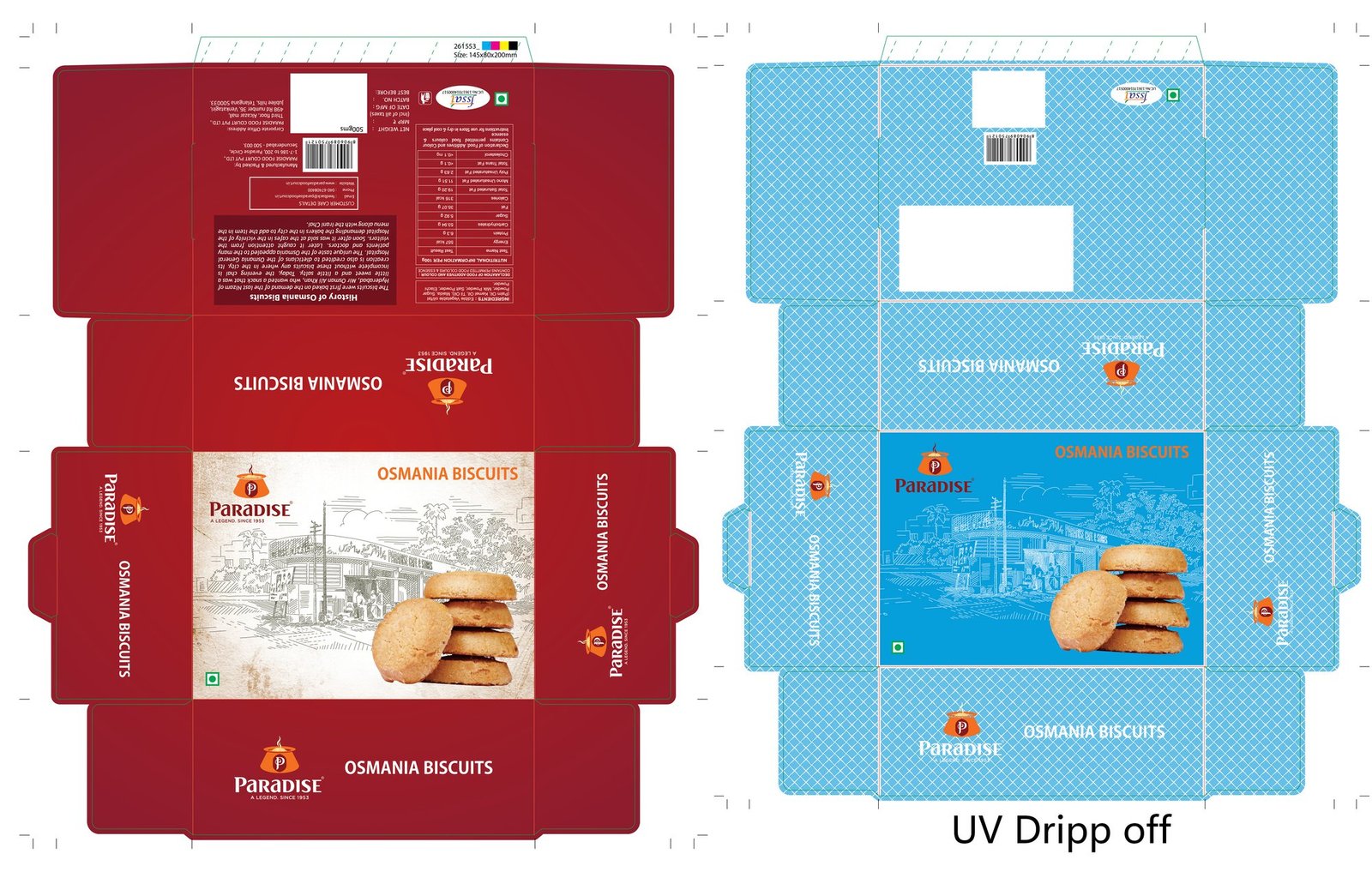 Paradise biscuits carton with drip-off UV plate